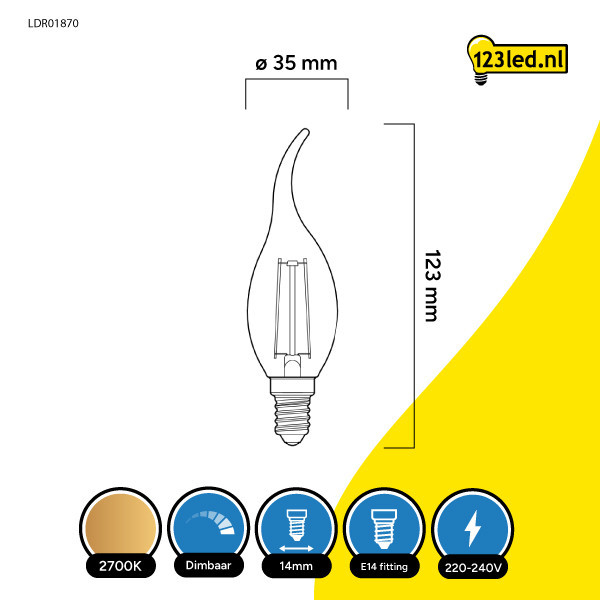 123inkt 123led E14 filament led-lamp sierkaars helder dimbaar 2.8W (25W)  LDR01870 - 2