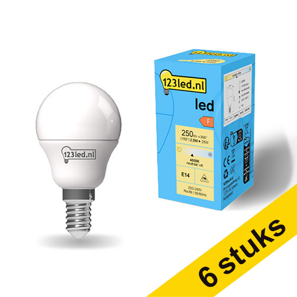 123inkt Aanbieding: 6x 123led E14 led-lamp kogel mat 4000K 2.5W (25W)  LDR01899 - 1