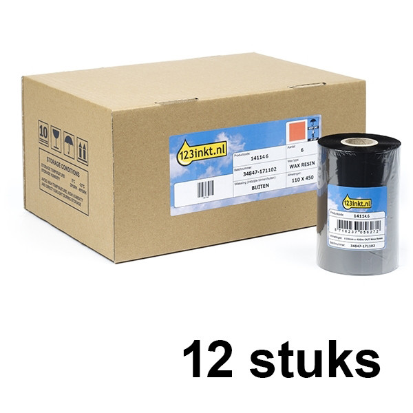 123inkt huismerk vervangt Zebra 3200 wax/hars ribbon (03200BK11045) 110 mm x 450 m (12 ribbons) 03200BK11045C 144616 - 1