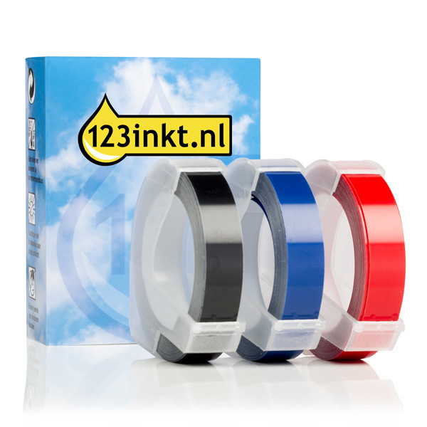 123inkt lettertang 123inkt huismerk vervangt Dymo 9 mm reliëftape multipack (wit op zwart, wit op rood, en wit op blauw)  089267 - 1