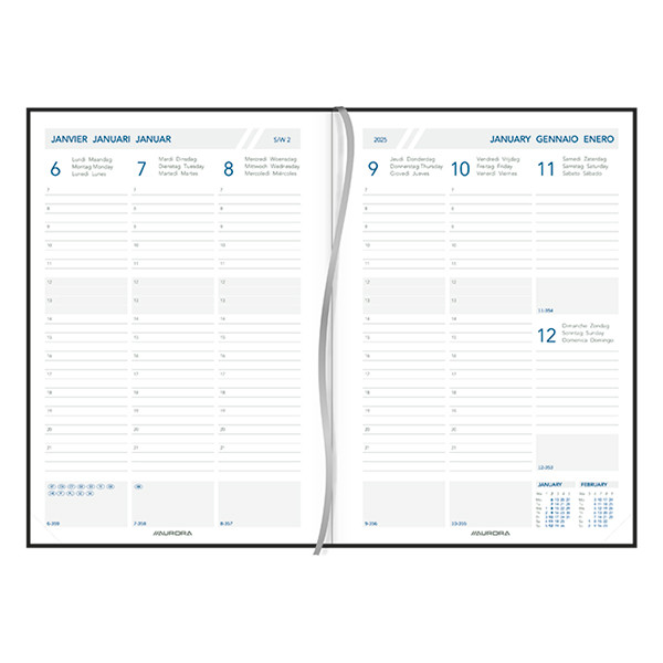 Aurora Universe Tesoro weekagenda 2025 met uurindeling blauw (1 week 2 pagina's) 6-talig 3416B 330004 - 2