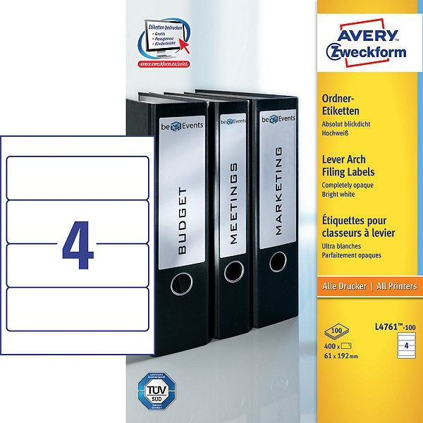 Zuiver Diagnostiseren verkeer Avery Zweckform L4761-100 ordnerrugetiketten 192 x 61 mm wit (400 etiketten)  Avery 123inkt.nl