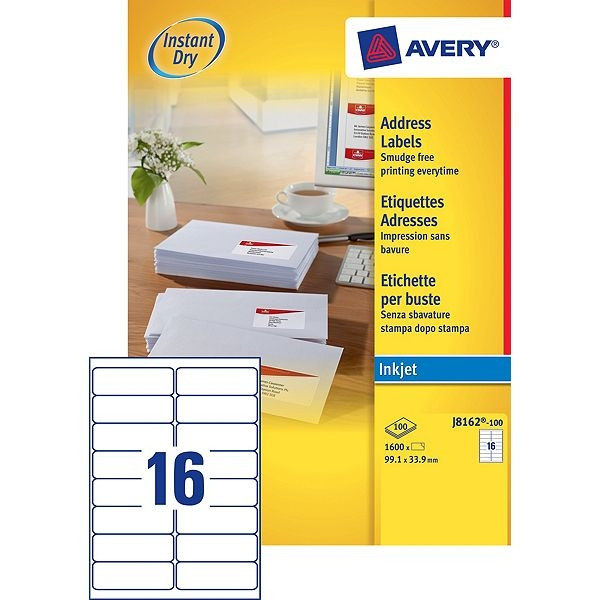 Avery adresetiketten J8162-100 | 1.600 stuks | 99,1 x 33,9 mm J8162-100 212296 - 1