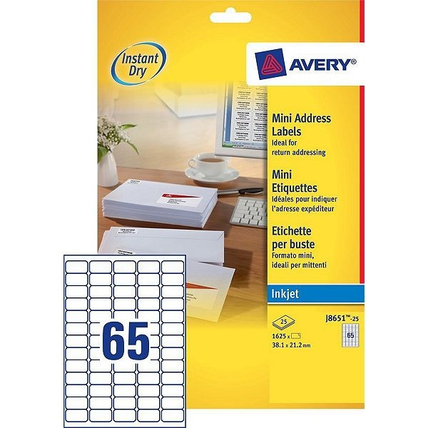 Avery adresetiketten J8651-25 | 1625 stuks | 38,1 x 21,2 mm J8651-25 212260 - 1