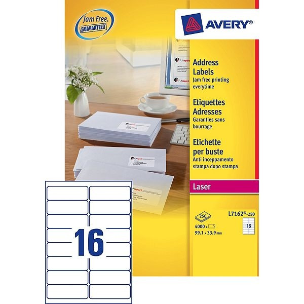 Avery adresetiketten L7162-250 | 4.000 stuks | 99,1 x 33,9 mm | Quickpeel technologie L7162-250 212290 - 1