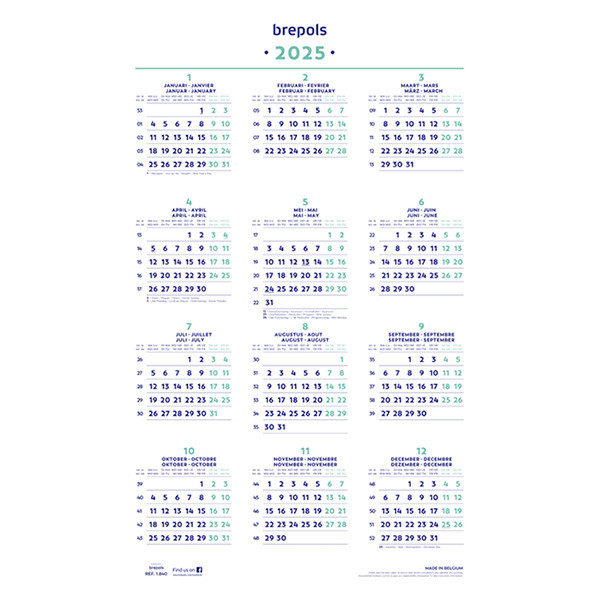 Brepols jaarkalender 2025 op posterformaat 40 x 60,5 cm (4-talig) 1.840.9900.00.0.0 261427 - 1