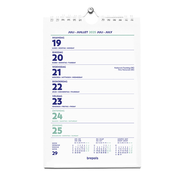 Brepols wand-weekkalender met spiraal 2025 13,5 x 21 cm (4-talig) 1.850.9900.00.4.0 261424 - 1