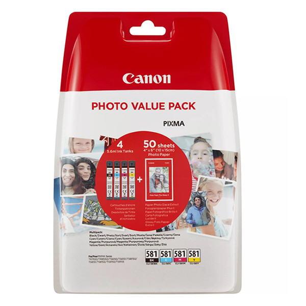 Canon CLI-581 value pack BK/C/M/Y-inktcartridge + 50 vel fotopapier (origineel) 2106C005 2106C006 010302 - 1