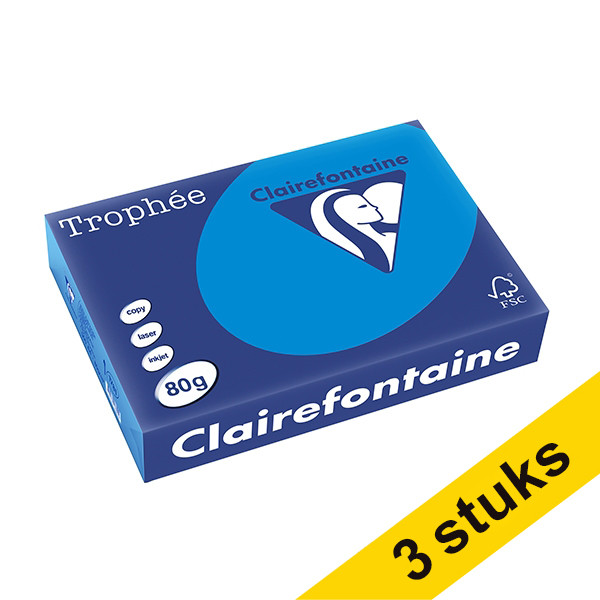 Clairefontaine Aanbieding: 3x Clairefontaine gekleurd papier caribbean blauw 80 grams A4 (500 vel)  340037 - 1