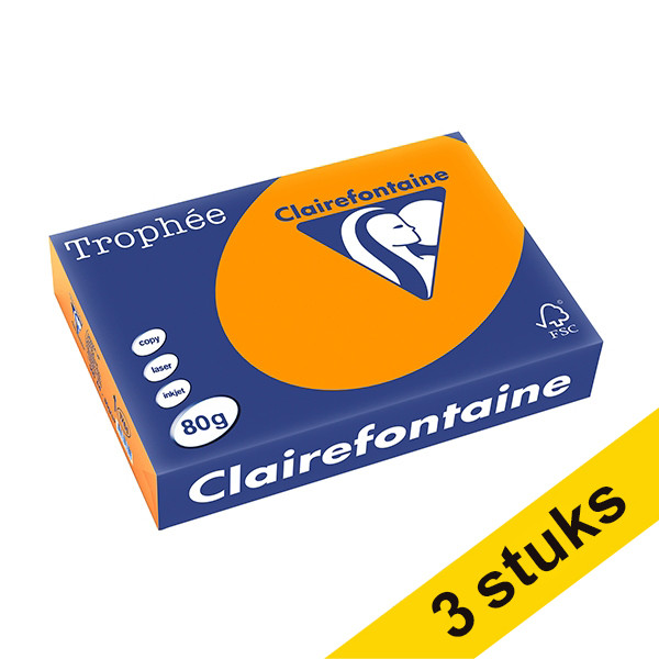 Clairefontaine Aanbieding: 3x Clairefontaine gekleurd papier fel oranje 80 grams A4 (500 vel)  340041 - 1