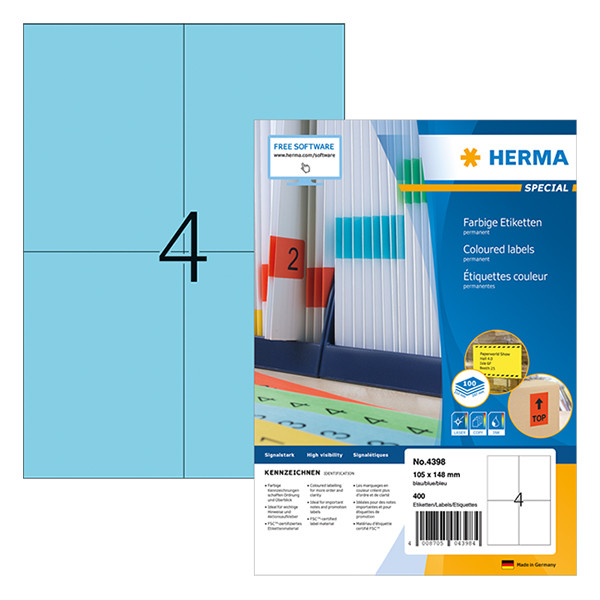 Herma 4398 gekleurde etiketten A4 105 x 148 mm blauw permanent hechtend (400 etiketten) 4398 230483 - 1