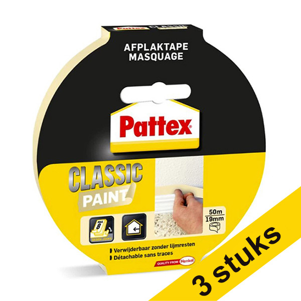 Pattex Aanbieding: 3x Pattex Classic Paint afdekplakband 19 mm x 50 m Classic crème  206273 - 1