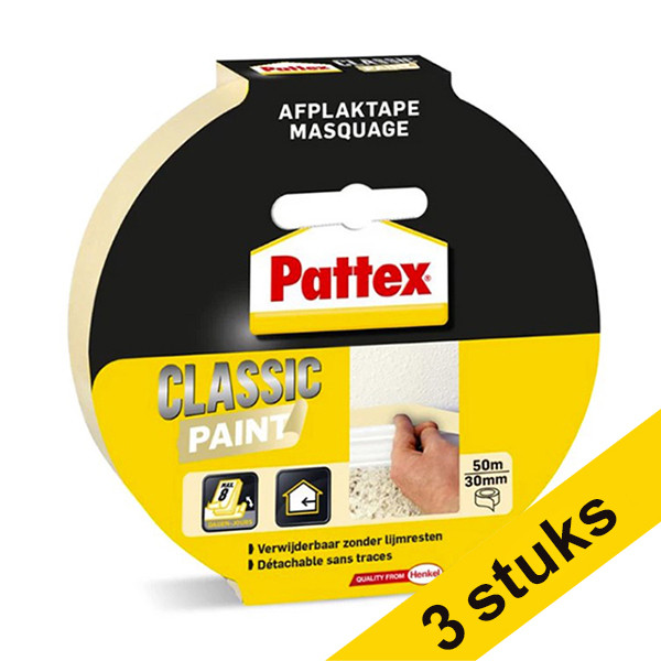 Pattex Aanbieding: 3x Pattex Classic Paint afdekplakband 30 mm x 50 m Classic crème  206274 - 1