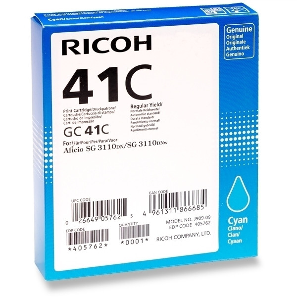 Ricoh GC-41C gel inktcartridge cyaan hoge capaciteit (origineel) 405762 902424 - 1