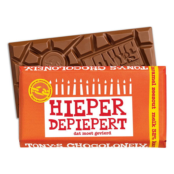 Tony's Chocolonely Melk Karamel Zeezout hieper de pieper chocoladereep 180 gram 17426 423291 - 2