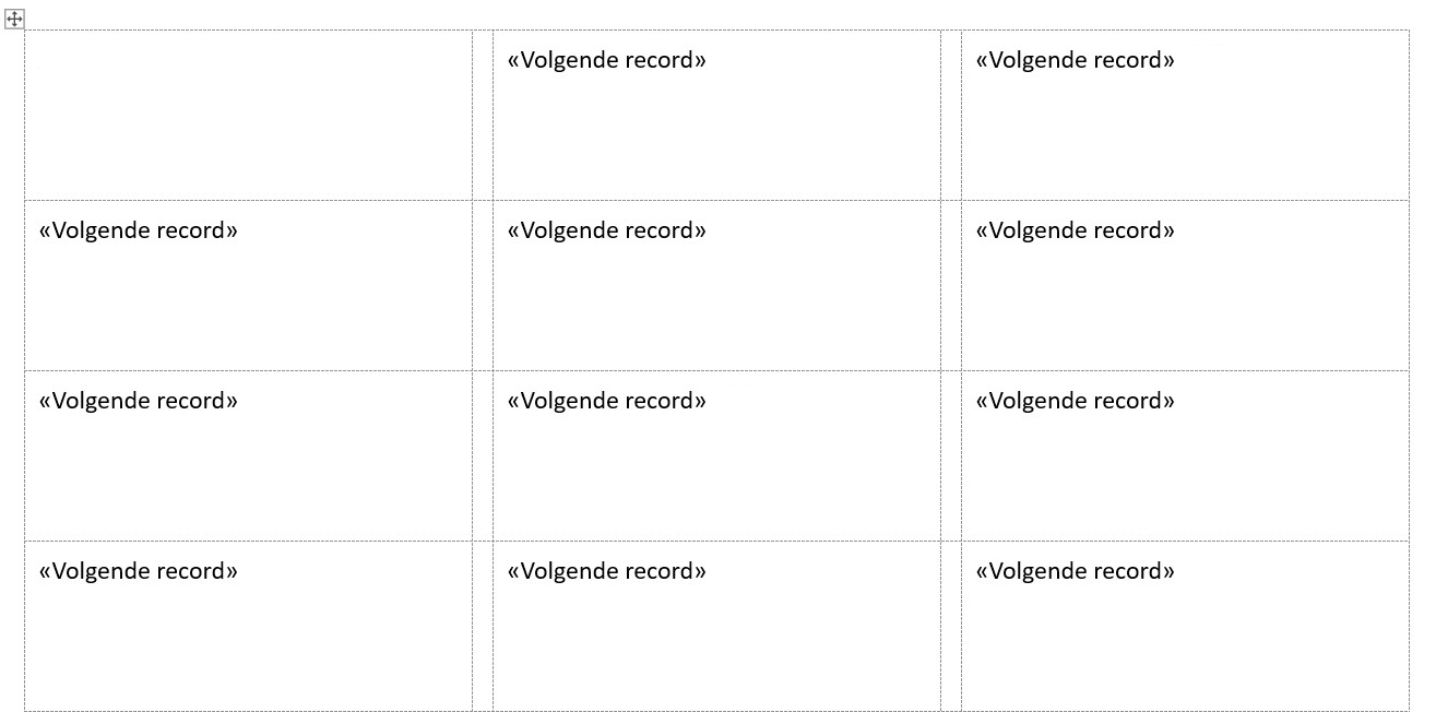 Screenshot van etiketten met de tekst «Volgende record» in Word