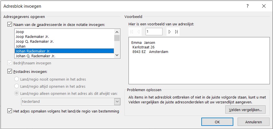 Screenshot van de optie 'Adresblok invoegen' in Word