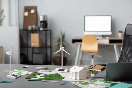 bureau met windmolentjes en plattegronden en groenstroken erop