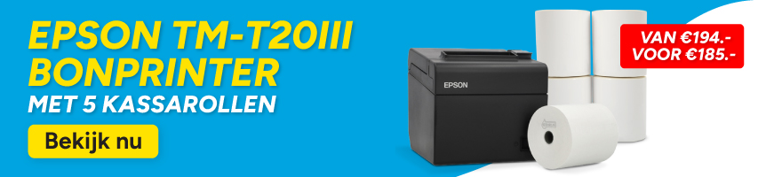 Epson TM-T20III ticketprinter met 5 kassarollen: van € 194 voor € 185 Epson TM-T20III bonprinter met 5 kassarollen: van € 194 voor € 185