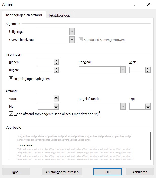 Screenshot van het scherm 'Alinea' met de optie 'Geen afstand toevoegen tussen alinea's met dezelfde stijl' aangevinkt' in Word